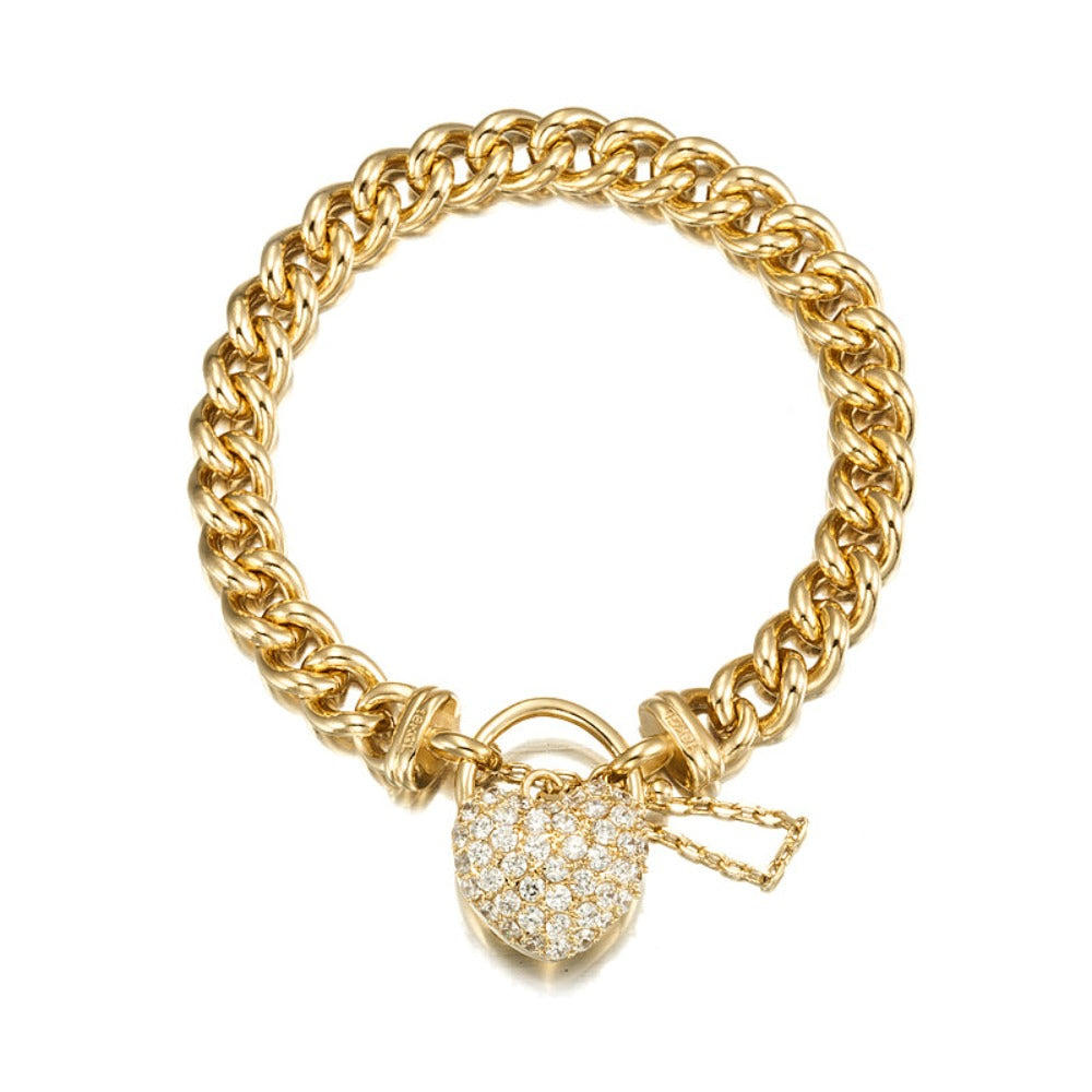 18ct Heavy Yellow Gold Plated Euro Chain Bracelet Featuring a Simulated Diamond Locket - USA Made-0